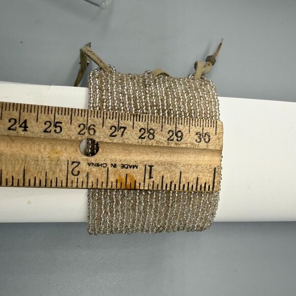 SD Leather Backed Champagne Beaded Bangle Bracelet Gladiator Boho Lagenlook - Picture 6 of 6